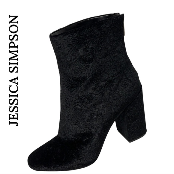 Jessica Simpson Aninada Velvet Embossed Block Heel Ankle Booties Size 9.5 Black - Picture 2 of 9